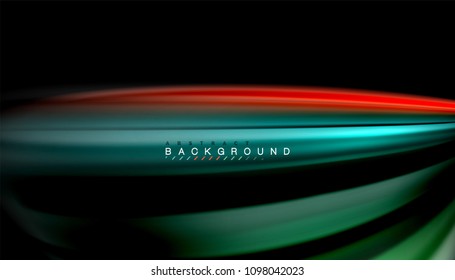 Resumen de líneas de onda fluidos estilo arco iris rayas de color sobre fondo negro. Ilustración artística vectorial para presentación, fondo de pantalla de aplicación, cartel o afiche