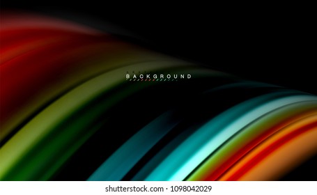 Abstrakte Wellenlinien fließende Regenbogenfarben-Streifen auf schwarzem Hintergrund. Vektorgrafik zur Präsentation, App-Bildschirmhintergrund, Banner oder Poster