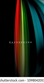 Resumen de líneas de onda fluidos estilo arco iris rayas de color sobre fondo negro. Ilustración artística vectorial para presentación, fondo de pantalla de aplicación, cartel o afiche