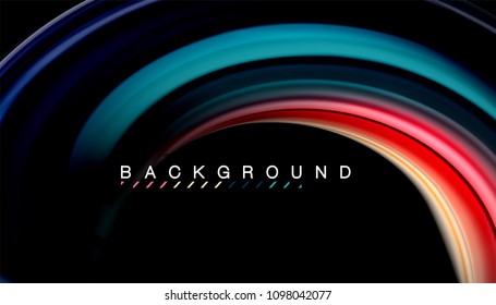 Resumen de líneas de onda fluidos estilo arco iris rayas de color sobre fondo negro. Ilustración artística vectorial para presentación, fondo de pantalla de aplicación, cartel o afiche