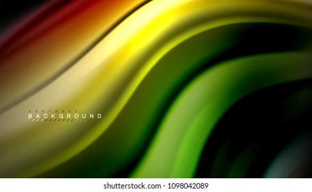 Resumen de líneas de onda fluidos estilo arco iris rayas de color sobre fondo negro. Ilustración artística vectorial para presentación, fondo de pantalla de aplicación, cartel o afiche