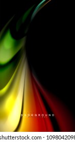 Resumen de líneas de onda fluidos estilo arco iris rayas de color sobre fondo negro. Ilustración artística vectorial para presentación, fondo de pantalla de aplicación, cartel o afiche