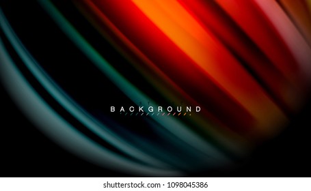 Resumen de líneas de onda fluidos estilo arco iris rayas de color sobre fondo negro. Ilustración artística vectorial para presentación, fondo de pantalla de aplicación, cartel o afiche