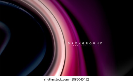 Resumen de líneas de onda fluidos estilo arco iris rayas de color sobre fondo negro. Ilustración artística vectorial para presentación, fondo de pantalla de aplicación, cartel o afiche