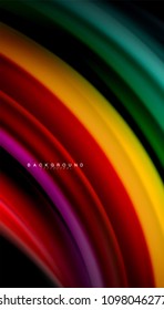 Linhas de onda abstratas listras de cor do estilo arco-íris fluido no fundo preto. Ilustração artística vetorial para apresentação, papel de parede do aplicativo, banner ou cartaz