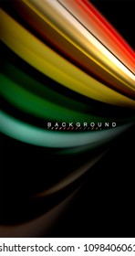 Resumen de líneas de onda fluidos estilo arco iris rayas de color sobre fondo negro. Ilustración artística vectorial para presentación, fondo de pantalla de aplicación, cartel o afiche