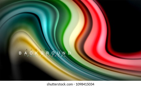 Abstrakte Wellenlinien fließende Regenbogenfarben-Streifen auf schwarzem Hintergrund. Vektorgrafik zur Präsentation, App-Bildschirmhintergrund, Banner oder Poster
