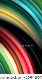 Resumen de líneas de onda fluidos estilo arco iris rayas de color sobre fondo negro. Ilustración artística vectorial para presentación, fondo de pantalla de aplicación, cartel o afiche