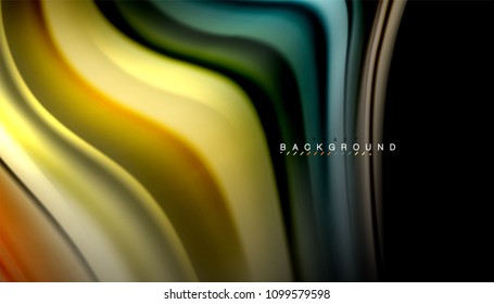 Abstrakte Wellenlinien fließende Regenbogenfarben-Streifen auf schwarzem Hintergrund. Vektorgrafik zur Präsentation, App-Bildschirmhintergrund, Banner oder Poster