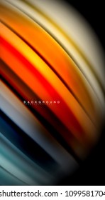 Resumen de líneas de onda fluidos estilo arco iris rayas de color sobre fondo negro. Ilustración artística vectorial para presentación, fondo de pantalla de aplicación, cartel o afiche