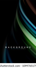 Resumen de líneas de onda fluidos estilo arco iris rayas de color sobre fondo negro. Ilustración artística vectorial para presentación, fondo de pantalla de aplicación, cartel o afiche