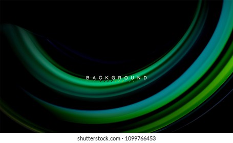 Resumen de líneas de onda fluidos estilo arco iris rayas de color sobre fondo negro. Ilustración artística vectorial para presentación, fondo de pantalla de aplicación, cartel o afiche