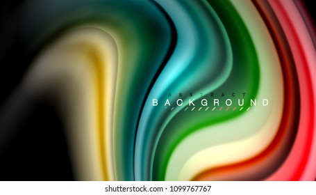 Abstrakte Wellenlinien fließende Regenbogenfarben-Streifen auf schwarzem Hintergrund. Vektorgrafik zur Präsentation, App-Bildschirmhintergrund, Banner oder Poster