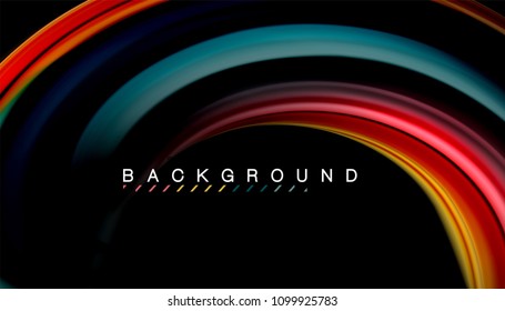 Resumen de líneas de onda fluidos estilo arco iris rayas de color sobre fondo negro. Ilustración artística vectorial para presentación, fondo de pantalla de aplicación, cartel o afiche