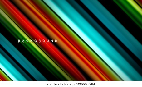 Resumen de líneas de onda fluidos estilo arco iris rayas de color sobre fondo negro. Ilustración artística vectorial para presentación, fondo de pantalla de aplicación, cartel o afiche