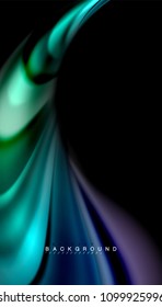 Resumen de líneas de onda fluidos estilo arco iris rayas de color sobre fondo negro. Ilustración artística vectorial para presentación, fondo de pantalla de aplicación, cartel o afiche