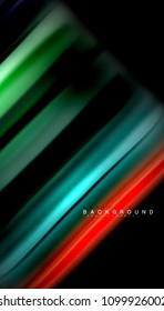 Resumen de líneas de onda fluidos estilo arco iris rayas de color sobre fondo negro. Ilustración artística vectorial para presentación, fondo de pantalla de aplicación, cartel o afiche