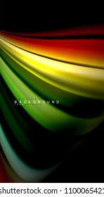 Resumen de líneas de onda fluidos estilo arco iris rayas de color sobre fondo negro. Ilustración artística vectorial para presentación, fondo de pantalla de aplicación, cartel o afiche