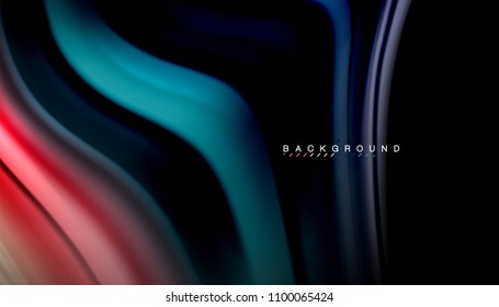 Resumen de líneas de onda fluidos estilo arco iris rayas de color sobre fondo negro. Ilustración artística vectorial para presentación, fondo de pantalla de aplicación, cartel o afiche