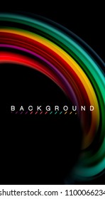 Resumen de líneas de onda fluidos estilo arco iris rayas de color sobre fondo negro. Ilustración artística vectorial para presentación, fondo de pantalla de aplicación, cartel o afiche