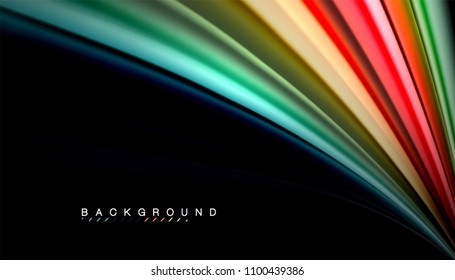 Resumen de líneas de onda fluidos estilo arco iris rayas de color sobre fondo negro. Ilustración artística vectorial para presentación, fondo de pantalla de aplicación, cartel o afiche