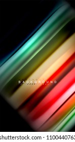 Resumen de líneas de onda fluidos estilo arco iris rayas de color sobre fondo negro. Ilustración artística vectorial para presentación, fondo de pantalla de aplicación, cartel o afiche