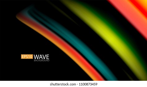 Resumen de líneas de onda fluidos estilo arco iris rayas de color sobre fondo negro. Ilustración artística vectorial para presentación, fondo de pantalla de aplicación, cartel o afiche