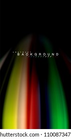 Resumen de líneas de onda fluidos estilo arco iris rayas de color sobre fondo negro. Ilustración artística vectorial para presentación, fondo de pantalla de aplicación, cartel o afiche