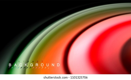 Resumen de líneas de onda fluidos estilo arco iris rayas de color sobre fondo negro. Ilustración artística vectorial para presentación, fondo de pantalla de aplicación, cartel o afiche