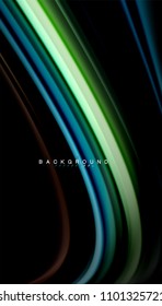 Resumen de líneas de onda fluidos estilo arco iris rayas de color sobre fondo negro. Ilustración artística vectorial para presentación, fondo de pantalla de aplicación, cartel o afiche