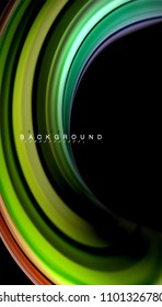 Resumen de líneas de onda fluidos estilo arco iris rayas de color sobre fondo negro. Ilustración artística vectorial para presentación, fondo de pantalla de aplicación, cartel o afiche