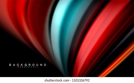 Resumen de líneas de onda fluidos estilo arco iris rayas de color sobre fondo negro. Ilustración artística vectorial para presentación, fondo de pantalla de aplicación, cartel o afiche