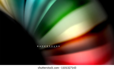 Resumen de líneas de onda fluidos estilo arco iris rayas de color sobre fondo negro. Ilustración artística vectorial para presentación, fondo de pantalla de aplicación, cartel o afiche