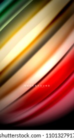 Resumen de líneas de onda fluidos estilo arco iris rayas de color sobre fondo negro. Ilustración artística vectorial para presentación, fondo de pantalla de aplicación, cartel o afiche