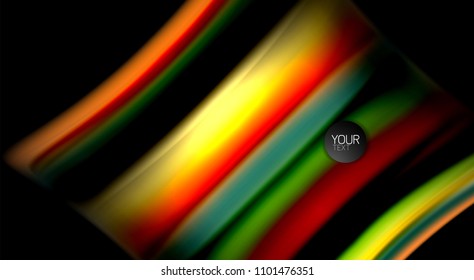 Abstrakte Wellenlinien fließende Regenbogenfarben-Streifen auf schwarzem Hintergrund. Vektorgrafik zur Präsentation, App-Bildschirmhintergrund, Banner oder Poster