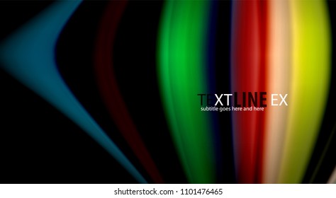 Resumen de líneas de onda fluidos estilo arco iris rayas de color sobre fondo negro. Ilustración artística vectorial para presentación, fondo de pantalla de aplicación, cartel o afiche