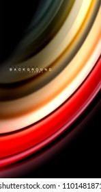 Resumen de líneas de onda fluidos estilo arco iris rayas de color sobre fondo negro. Ilustración artística vectorial para presentación, fondo de pantalla de aplicación, cartel o afiche