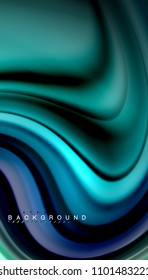 Resumen de líneas de onda fluidos estilo arco iris rayas de color sobre fondo negro. Ilustración artística vectorial para presentación, fondo de pantalla de aplicación, cartel o afiche