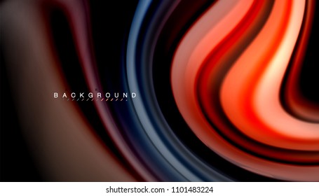 Resumen de líneas de onda fluidos estilo arco iris rayas de color sobre fondo negro. Ilustración artística vectorial para presentación, fondo de pantalla de aplicación, cartel o afiche