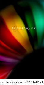Resumen de líneas de onda fluidos estilo arco iris rayas de color sobre fondo negro. Ilustración artística vectorial para presentación, fondo de pantalla de aplicación, cartel o afiche