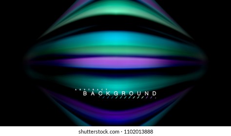 Resumen de líneas de onda fluidos estilo arco iris rayas de color sobre fondo negro. Ilustración artística vectorial para presentación, fondo de pantalla de aplicación, cartel o afiche