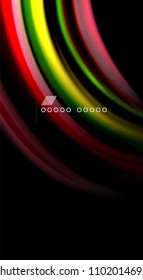 Resumen de líneas de onda fluidos estilo arco iris rayas de color sobre fondo negro. Ilustración artística vectorial para presentación, fondo de pantalla de aplicación, cartel o afiche