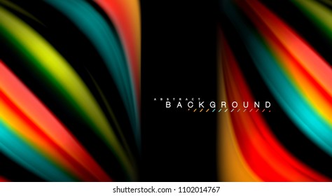 Abstrakte Wellenlinien fließende Regenbogenfarben-Streifen auf schwarzem Hintergrund. Vektorgrafik zur Präsentation, App-Bildschirmhintergrund, Banner oder Poster