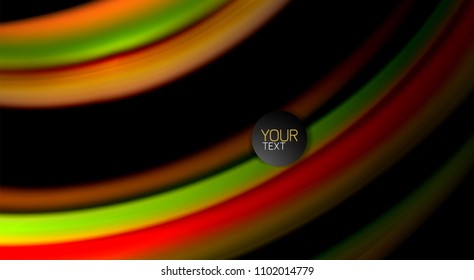 Abstrakte Wellenlinien fließende Regenbogenfarben-Streifen auf schwarzem Hintergrund. Vektorgrafik zur Präsentation, App-Bildschirmhintergrund, Banner oder Poster