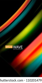 Resumen de líneas de onda fluidos estilo arco iris rayas de color sobre fondo negro. Ilustración artística vectorial para presentación, fondo de pantalla de aplicación, cartel o afiche