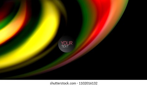 Resumen de líneas de onda fluidos estilo arco iris rayas de color sobre fondo negro. Ilustración artística vectorial para presentación, fondo de pantalla de aplicación, cartel o afiche