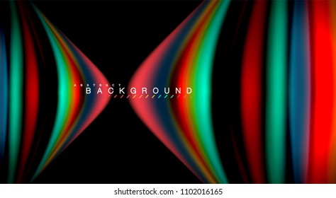 Resumen de líneas de onda fluidos estilo arco iris rayas de color sobre fondo negro. Ilustración artística vectorial para presentación, fondo de pantalla de aplicación, cartel o afiche