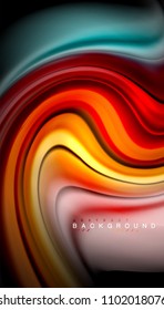 Resumen de líneas de onda fluidos estilo arco iris rayas de color sobre fondo negro. Ilustración artística vectorial para presentación, fondo de pantalla de aplicación, cartel o afiche