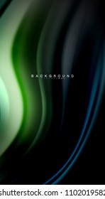 Resumen de líneas de onda fluidos estilo arco iris rayas de color sobre fondo negro. Ilustración artística vectorial para presentación, fondo de pantalla de aplicación, cartel o afiche