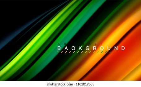 Abstrakte Wellenlinien fließende Regenbogenfarben-Streifen auf schwarzem Hintergrund. Vektorgrafik zur Präsentation, App-Bildschirmhintergrund, Banner oder Poster